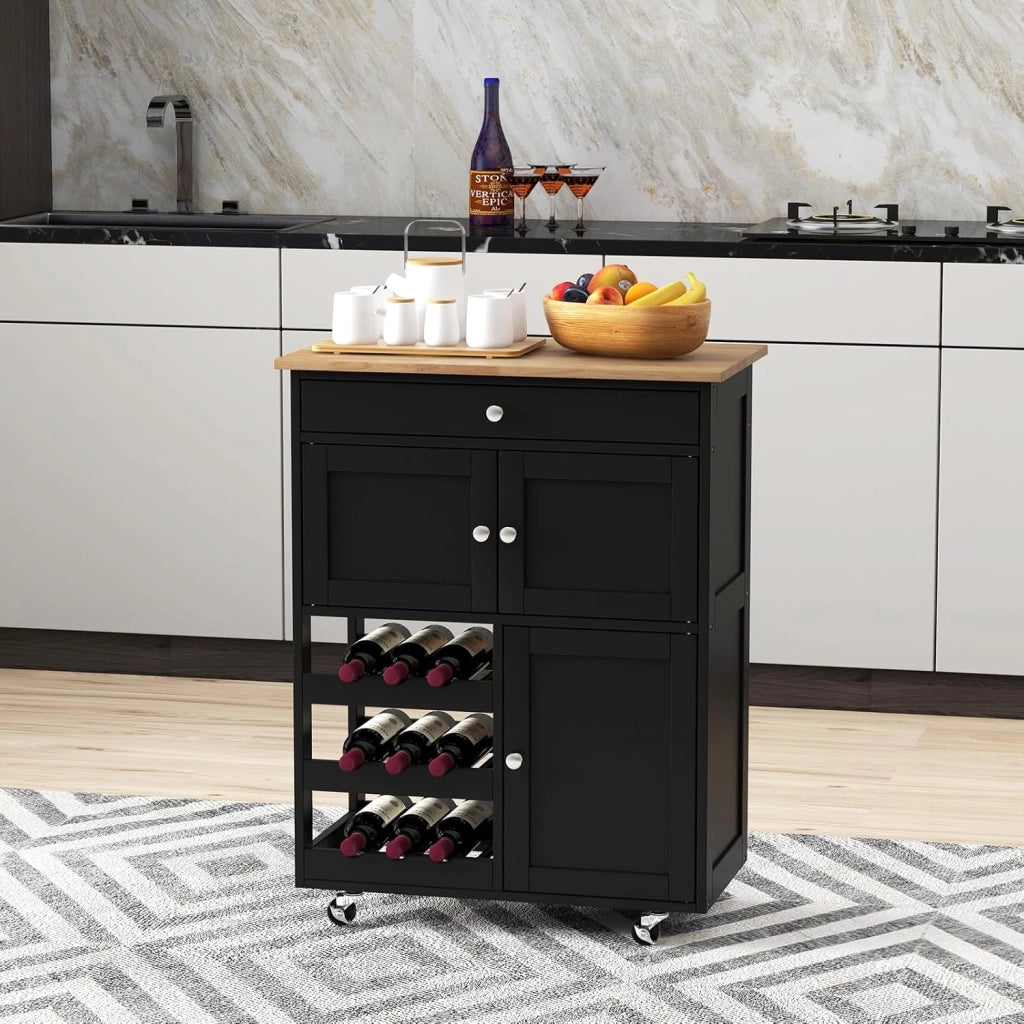 Carrello da Cucina Interno e Esterno, 1 Cassetto + 3 Ante + 3 Porta Vino, Credenza Mobile con 2 Ruote Bloccabili, Salvaspazio, Portata di 30 kg, 67x37x86 cm, 2 Colori (Nero)