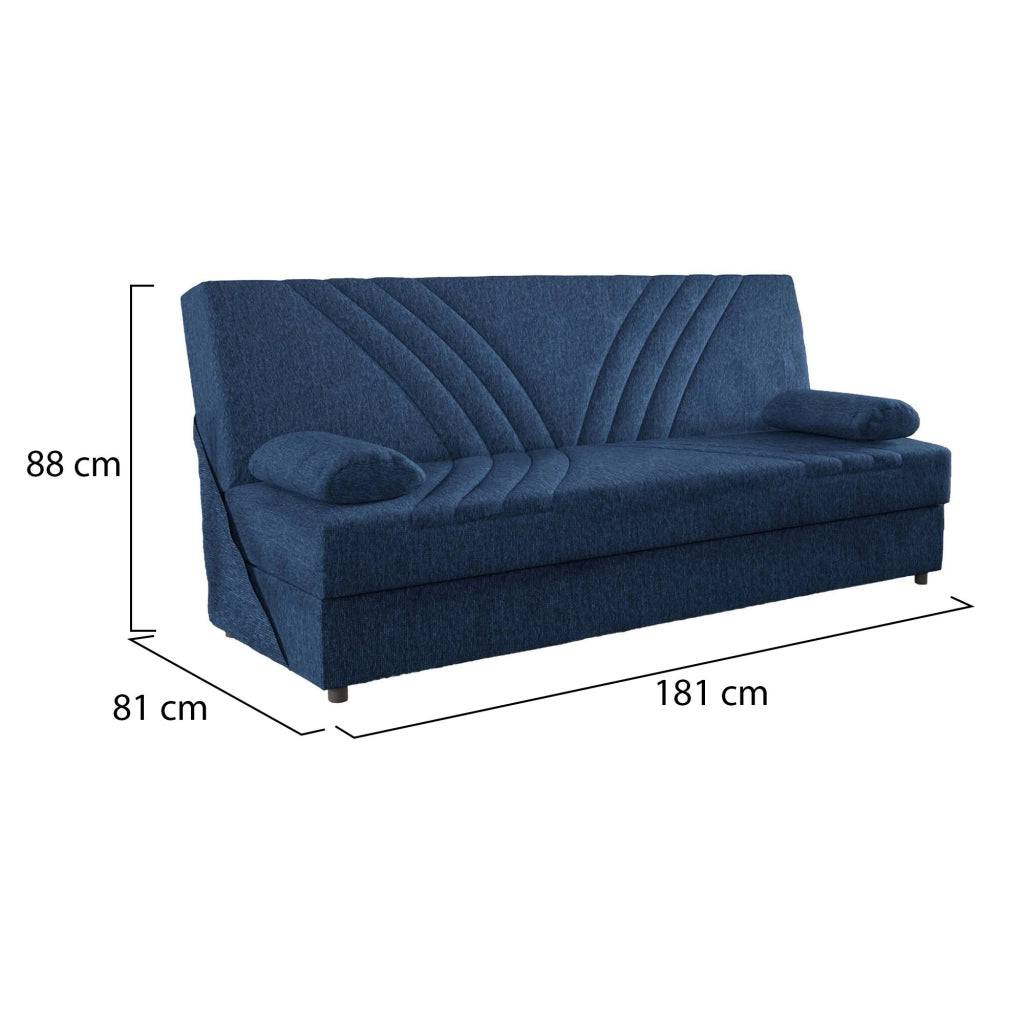 Divano letto Apicella, Divano letto contenitore a 3 posti con 2 cuscini inclusi, Sofà\  da soggiorno in tessuto imbottito con apertura click-clack, Cm 181x81h88, Blu