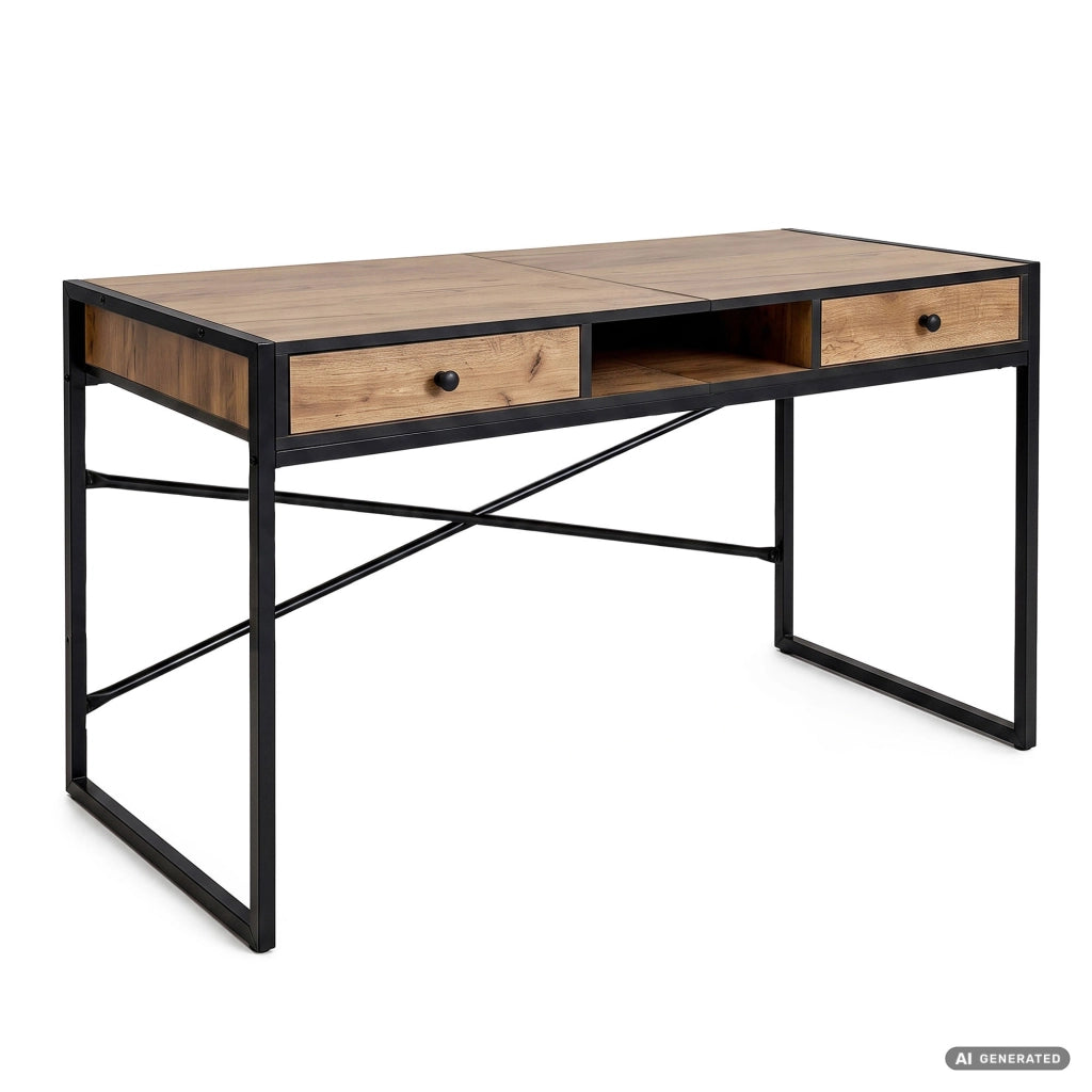 Scrivania industriale per computer Rovere Craft ELONIS 123 cm 2 cassetti 1 ripiano gambe nere