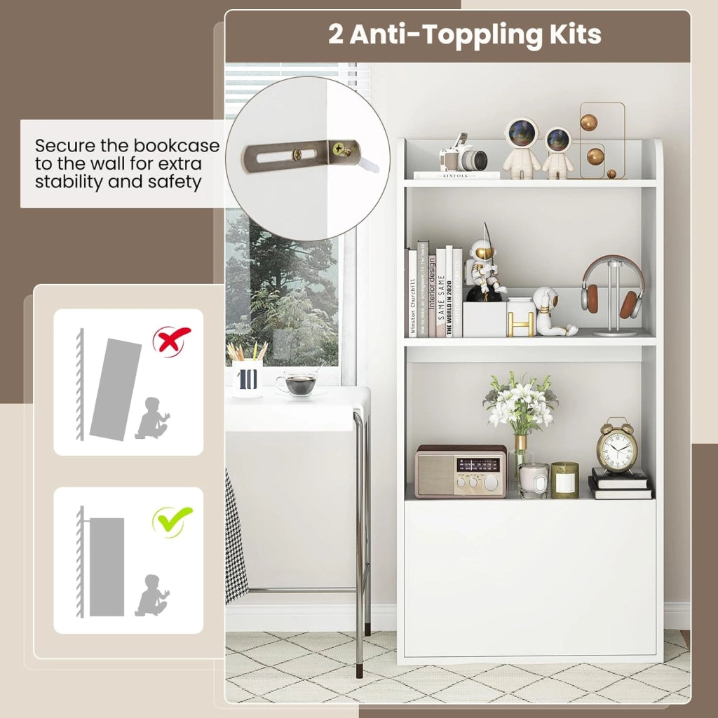 Libreria a 3 ripiani aperti e 1 cassetto, libreria in legno con kit antiribaltamento, 55 x 29 x 105 cm, scaffale per soggiorno, ufficio, camera da letto (bianco)