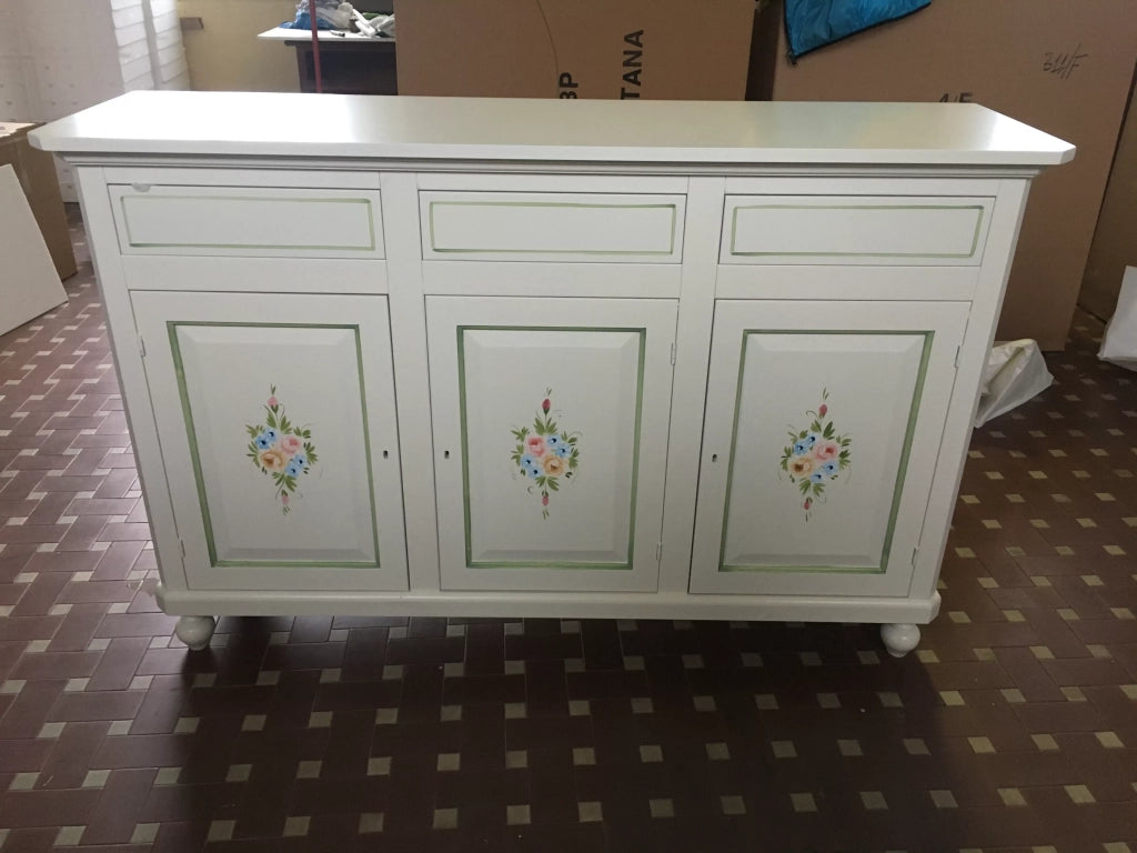 Cristalliera 3 ante napoletana arte povera bianco decori l.150 p.43 h.208 (492) - Mobili 2G