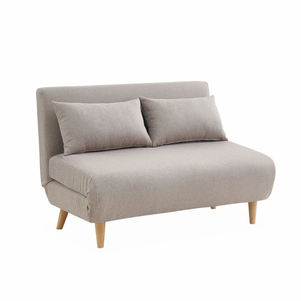 Divano letto in tessuto con gambe in legno, 2 posti, beige