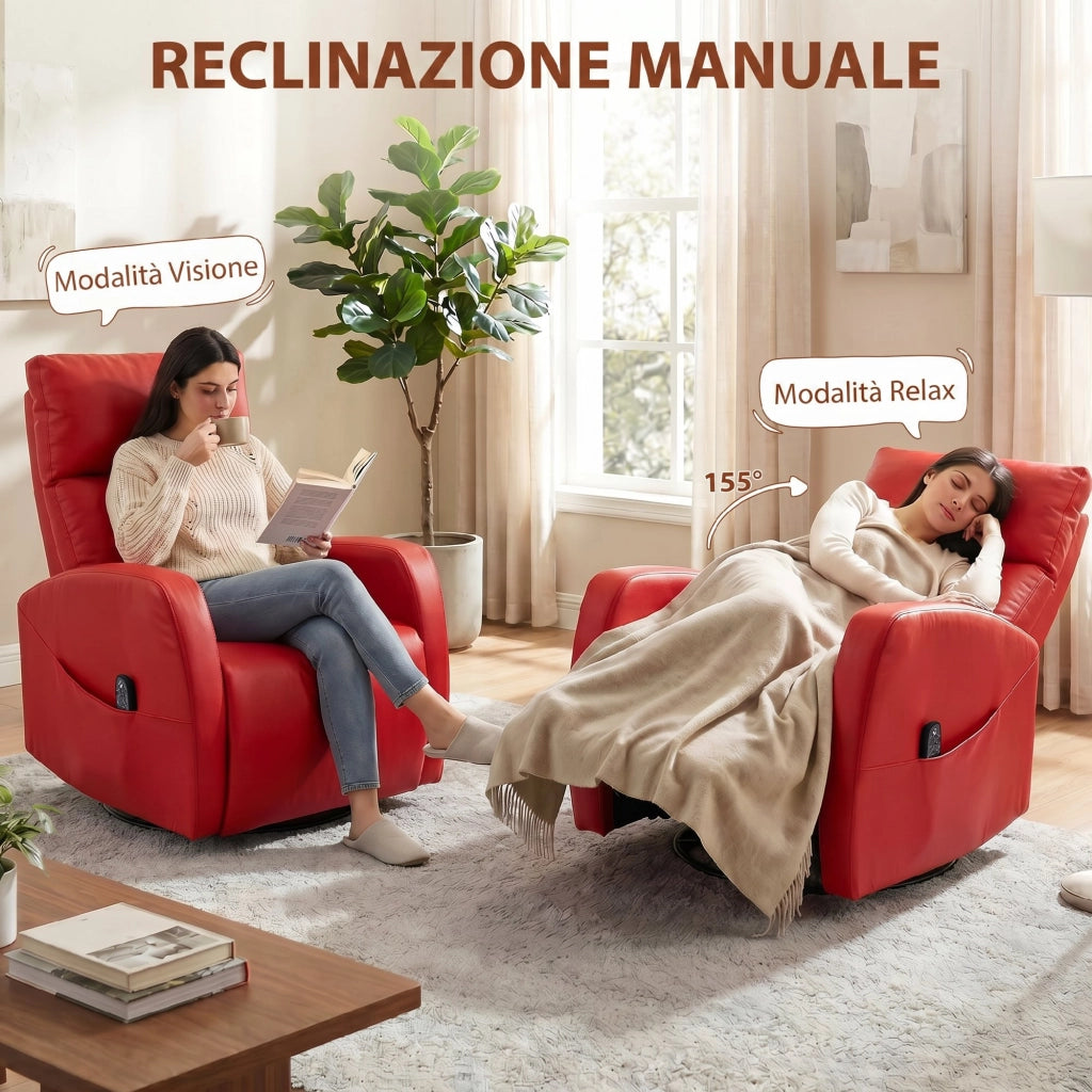 Poltrona Massaggiante Reclinabile e Riscaldante con Poggiapiedi e Telecomando in Pelle PU. Rosso