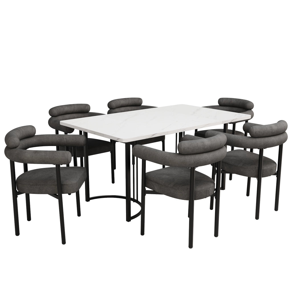 Tavolo da pranzo con 6 sedie imbottite schienale traforato gambe in metallo stile moderno bianco grigio scuro