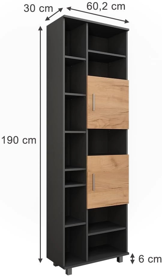 Mobile alto Ilias, Antracite/quercia dorata, 60.2 x 190 cm, con ripiani regolabili per una conservazione ordinata
