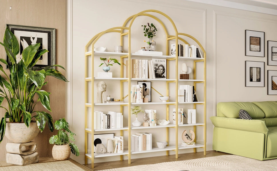 Scaffale 170x26x190 cm in metallo e MDF bianco e oro， 5 ripiani， stile moderno