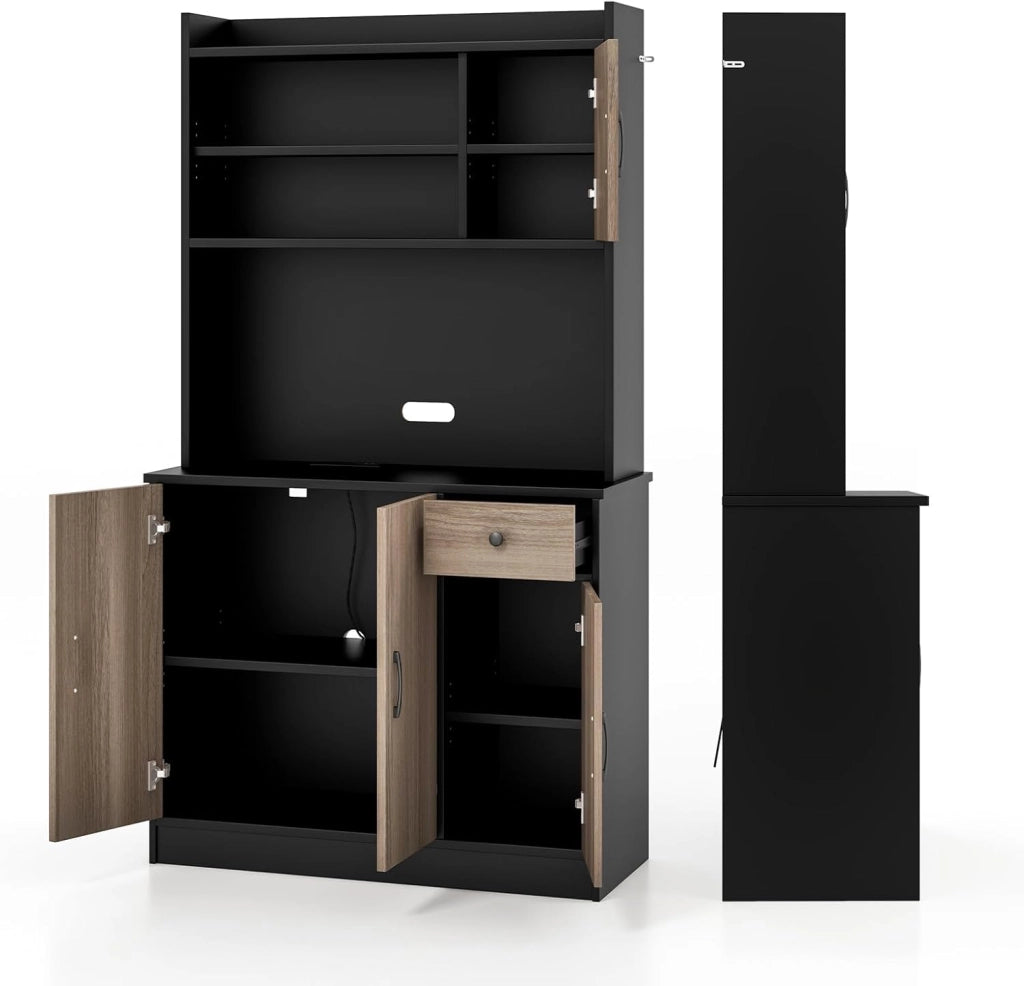 Credenza Alta da Cucina 180 cm, Mobile Cucina Dispensa con Fori per Cavi, Mobile Buffet con 4 Ripiani Regolabili, 3 Armadi, per Soggiorno, Sala da Pranzo, 100 x 40 x 180 cm (Nero)