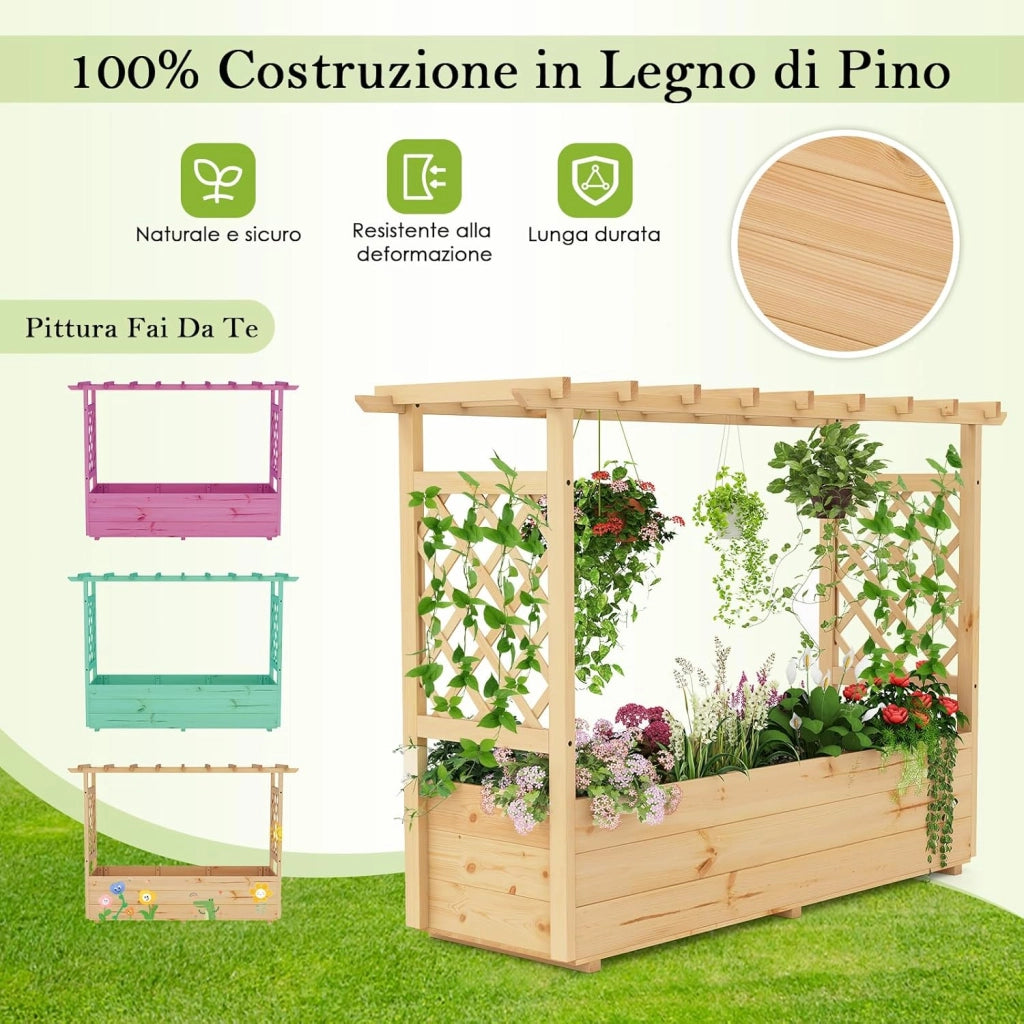 Fioriera da Esterno con Grigliato, Letto Rialzato in Legno di Pino per Piante Rampicanti con Traliccio e Fori di Drenaggio, Aiuola Elevata da Giadino e Cortile (148 x 50 x 103 cm)