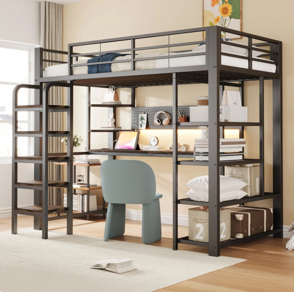 Letto a soppalco in metallo 90x200 cm con LED; scrivania; prese integrate e ripiani; nero