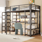 Letto a soppalco in metallo 90x200 cm con LED; scrivania; prese integrate e ripiani; nero
