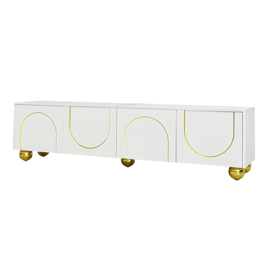 Mobile TV con 4 Ante Push-to-Open e Ripiani; Cerniere Ammortizzate; Maniglie e Piedini Dorati; Bianco; 170??38??44 cm