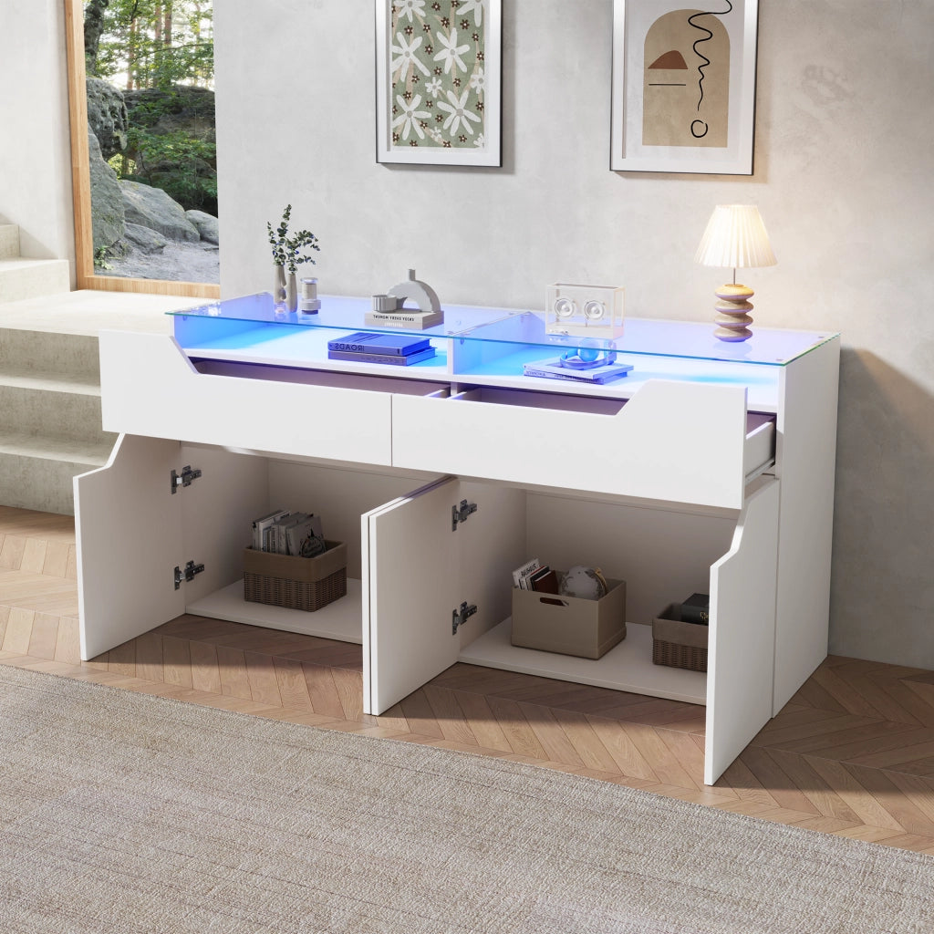 Credenza con 2 cassetti e illuminazione LED per soggiorno in MDF bianca