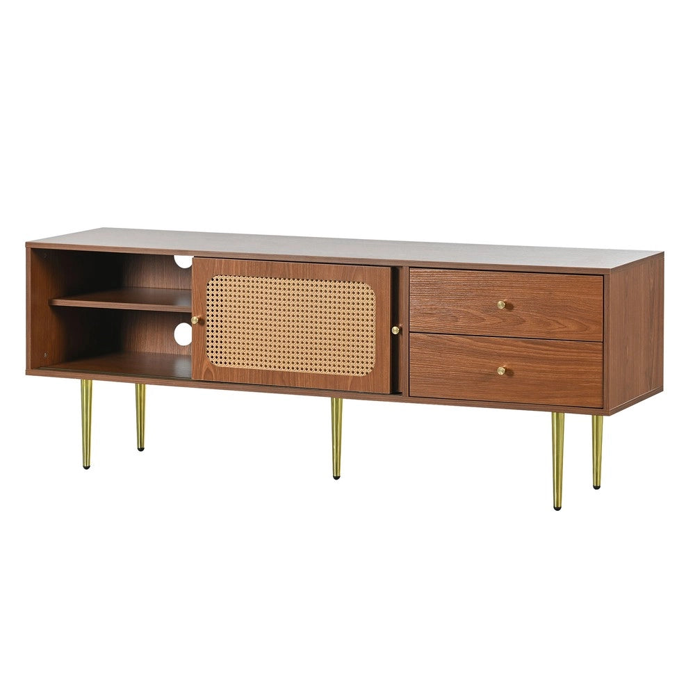 Mobile TV con Ante Scorrevoli in Rattan e Cassetti ¨C Xylo ¨C Noce, 160x40x60 cm
