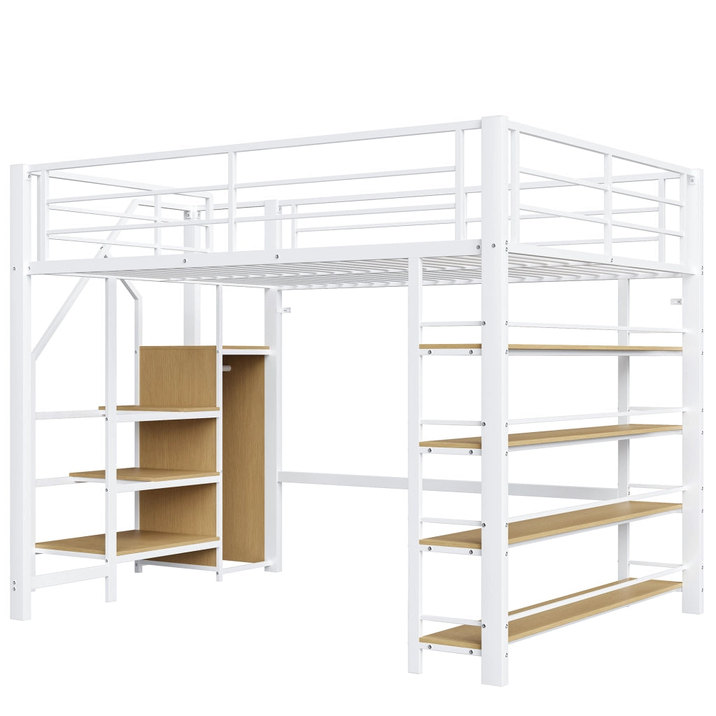 Letto a soppalco 140×200 cm con scala contenitore; armadietto e ripiani; senza materasso; metallo; bianco