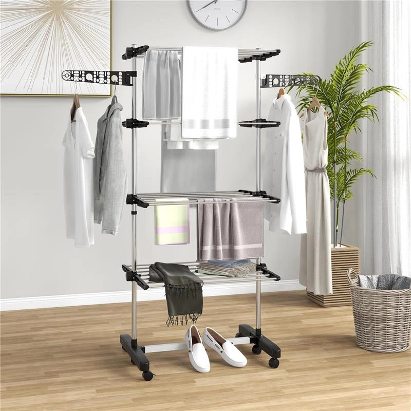 STENDINO VERTICALE CON 4 RIPIANI REGOLABILI, IN ACCIAIO E PLASTICA, 142X55X172 CM, NERO E ARGENTO