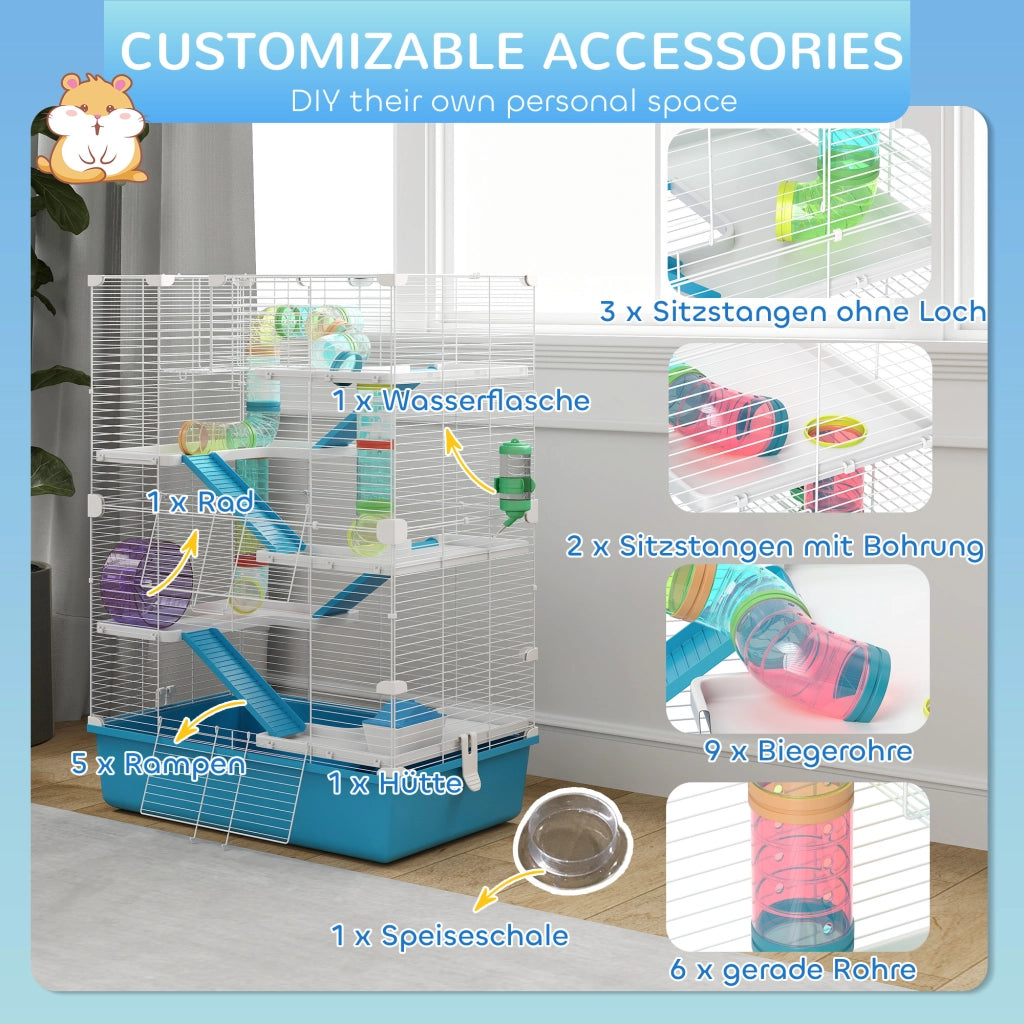 Gabbia per criceti a 6 livelli con tubi, doppia torre, 2 porte frontali in plastica azzurro chiaro 58 × 36 × 81 cm