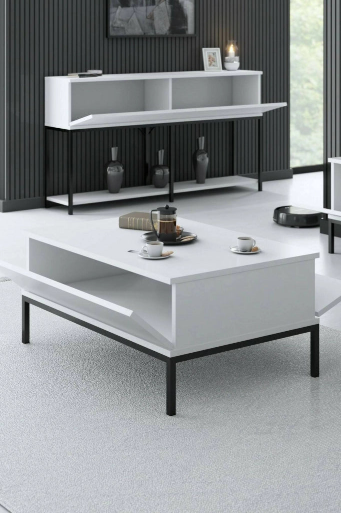 Tavolino da salotto Vespero, Tavolo basso da caffè, Portariviste per divano, Ripiano da soggiorno, 90x60h40 cm, Bianco e Nero