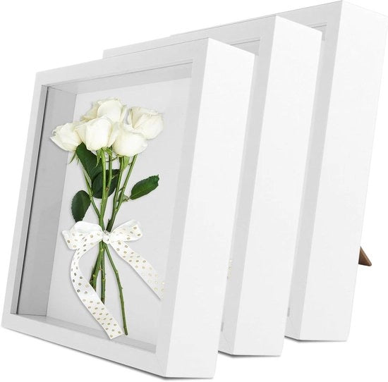 Set di 3 cornici fotografiche profonde 20 x 20 cm - 3D foto da inserire in cornice - Ricordi e decorazioni per il matrimonio e bouquet di fiori.