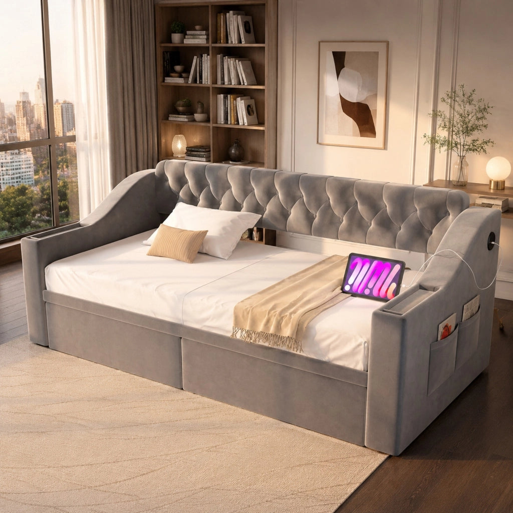 DIVANO LETTO 90x190 cm Grigio chiaro in velluto con cassetti contenitore