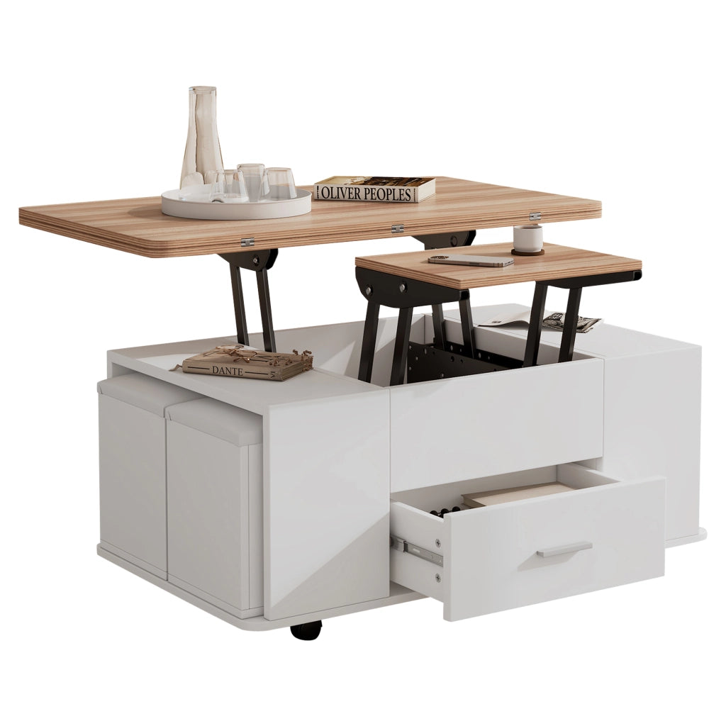 Tavolino da salotto sollevabile e allungabile con 4 sgabelli contenitore, bianco e effetto legno, 100x50 cm