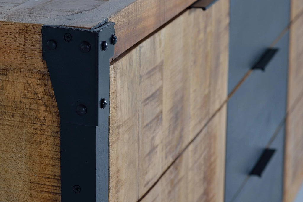 Credenza 9 cassetti in massello di mango grezzo e metallo