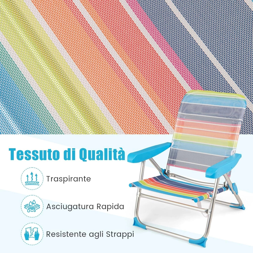 Set di 2 Sedie da Spiaggia, Sedia da Picnic Pieghevole con Braccioli, Schienale Regolabile a 4 Posizioni, Poltrona da in Alluminio Portatile per Pesca, Campeggio (64 cm x 64 cm x 83 cm)