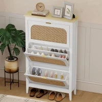 Mobile porta scarpe 21 paia bohémien con 3 cassetti ribaltabili, porte effetto cannage in rattan, 80 x 24 x 131 cm, bianco