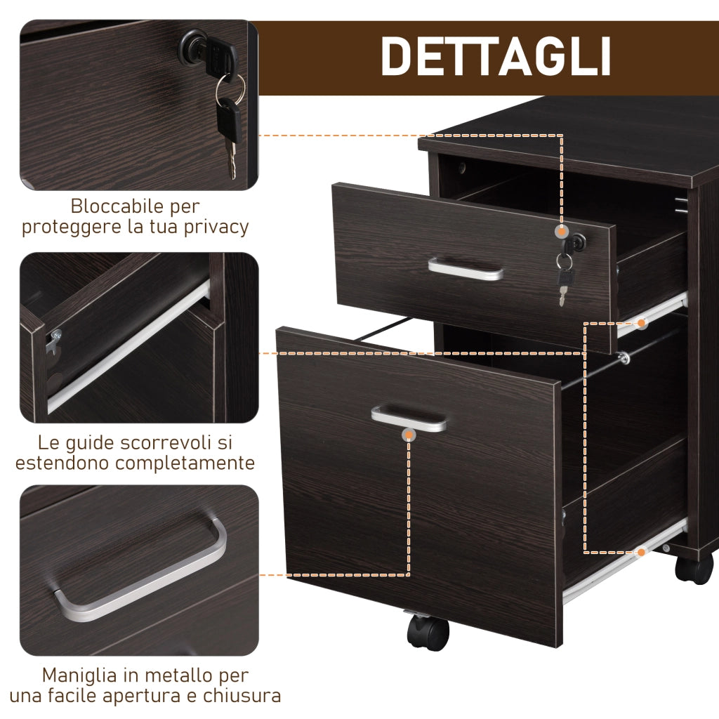 Easycomfort Schedario da Ufficio Cassettiera Per Scrivania in Legno, 2 Cassetti, Serratura con 2 Chiavi, Nero, 40x45x55.6cm