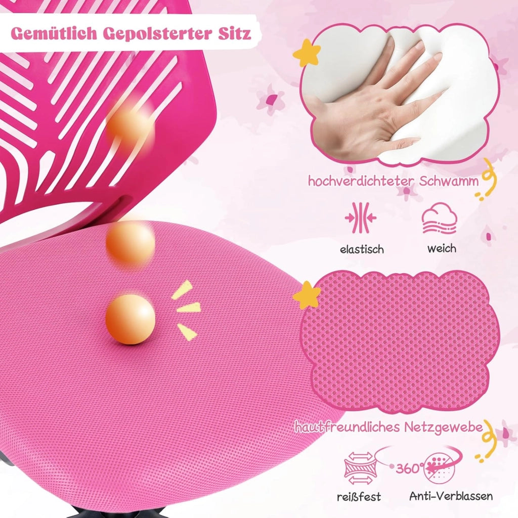 Sedia da scrivania per bambini, graziosa sedia da ufficio con schienale a forma di S e seduta imbottita, sedia da studio girevole senza maniche su ruote, per ragazzi e ragazze (rosa)