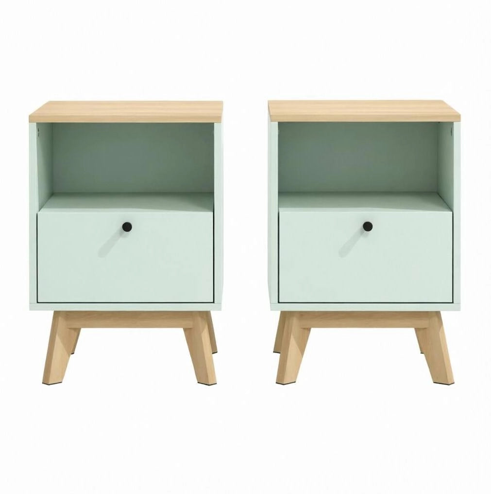 Set di 2 comodini moderni con cassetto e vano aperto 40x40x55 cm in MDF verde chiaro