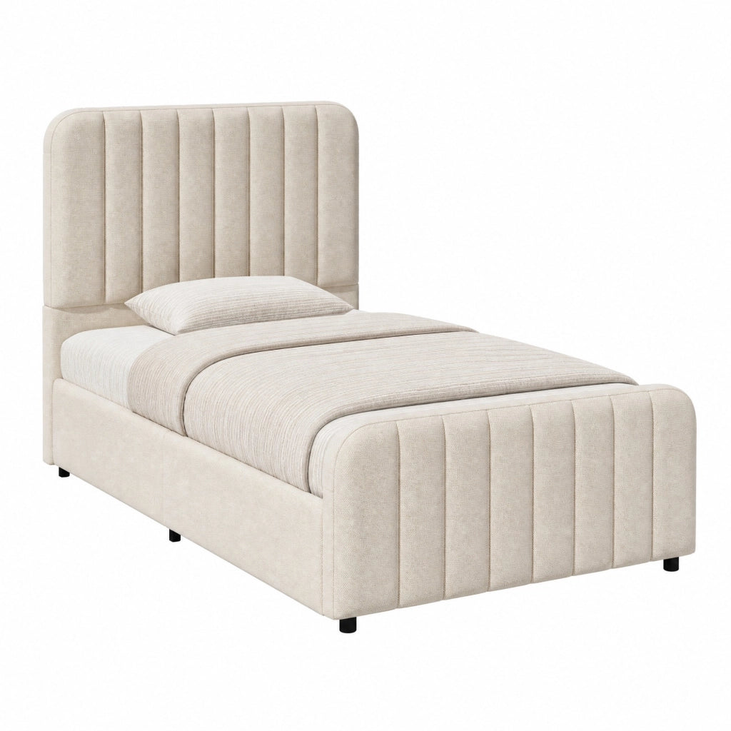 Letto singolo imbottito 90x200 cm con sollevamento idraulico, rete a doghe, testiera trapuntata e vano contenitore, beige