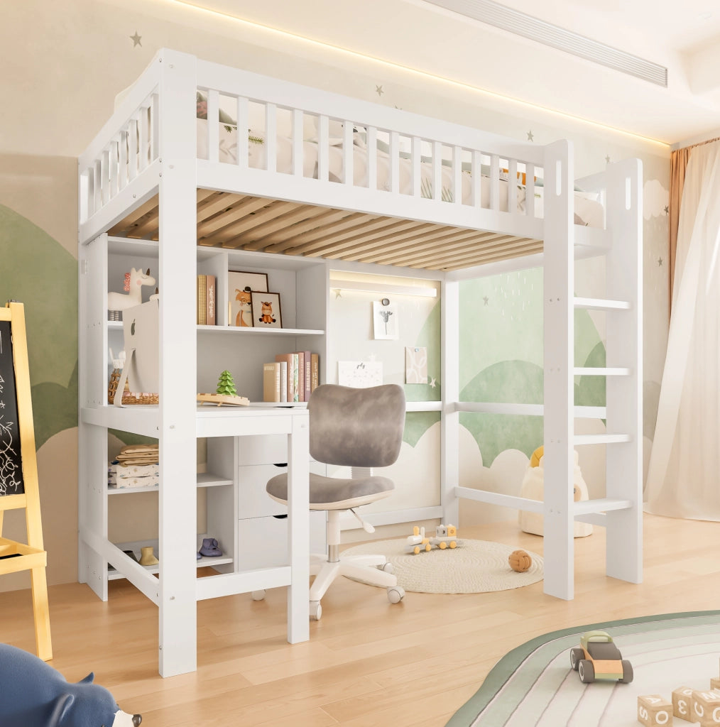 Letto a soppalco 90x200 cm con scrivania e 3 cassetti bianco