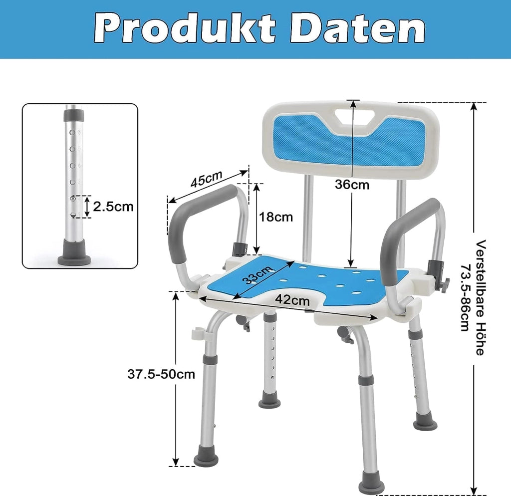 Sgabello da doccia per anziani, altezza regolabile, 37,5-50 cm, in alluminio, moderno, 150 kg, con schienale e braccioli