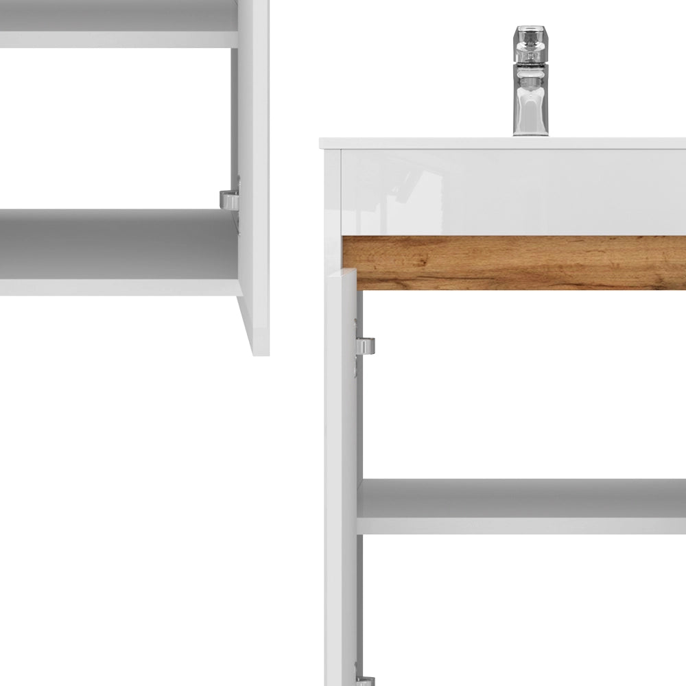 Vicco Set mobili bagno Bianco lucido 2 parti, con lavabo e 2 ante a battente