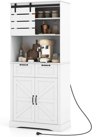 Credenza Alta da Cucina con Stazione di Ricarica, Mobile Buffet con Fori Cavi, Armadio Dispensa per Microonde con Ripiano Regolabile, per Sala da Pranzo, Bianco, 80x40x180cm (In 2 Scatole)