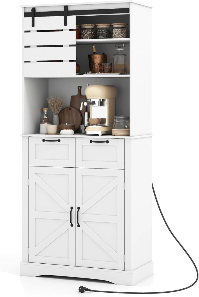 Credenza Alta da Cucina con Stazione di Ricarica, Mobile Buffet con Fori Cavi, Armadio Dispensa per Microonde con Ripiano Regolabile, per Sala da Pranzo, Bianco, 80x40x180cm (In 2 Scatole)