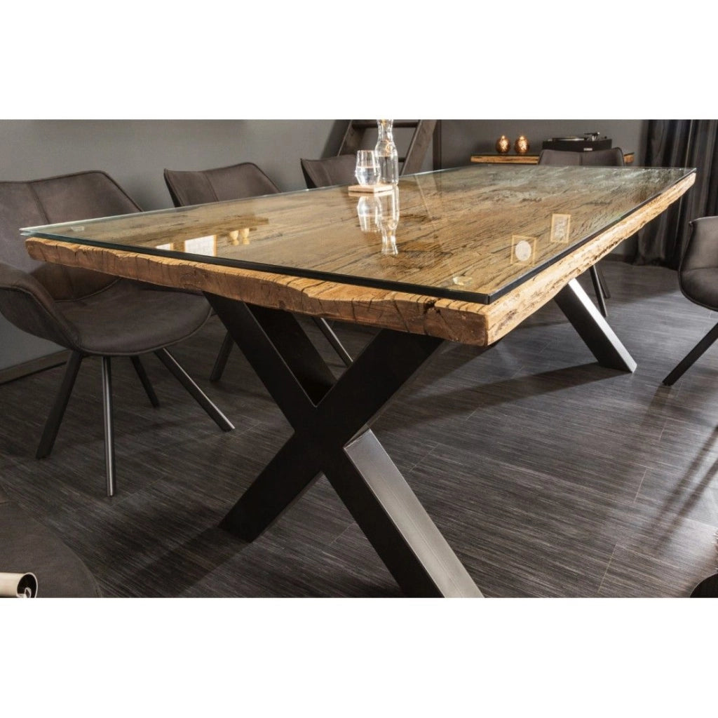 Tavolo da pranzo RAFTA 220 cm – Piano in legno massello di teak e vetro temperato – Gambe a X in metallo nero
