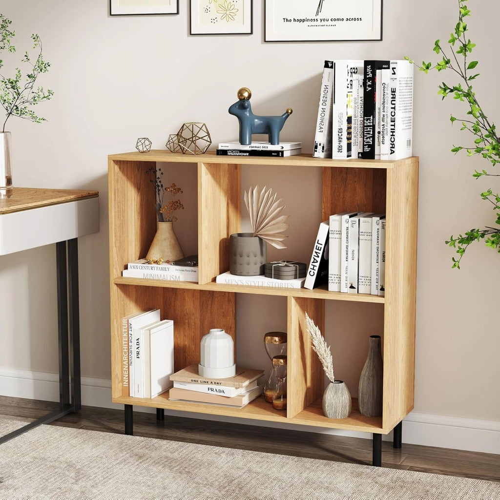 Mobiletto con 4 Cubi e 2 Livelli, 90 x 30 x 90 cm, Libreria con Scomparti Semi-Aperti e Gambe in Metallo, Adatta per Appartamenti, Dormitori, Uffici (Naturale)