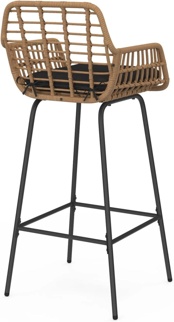 Set di 2 sgabelli da bar SUMMER con braccioli effetto rattan beige e gambe in metallo nero