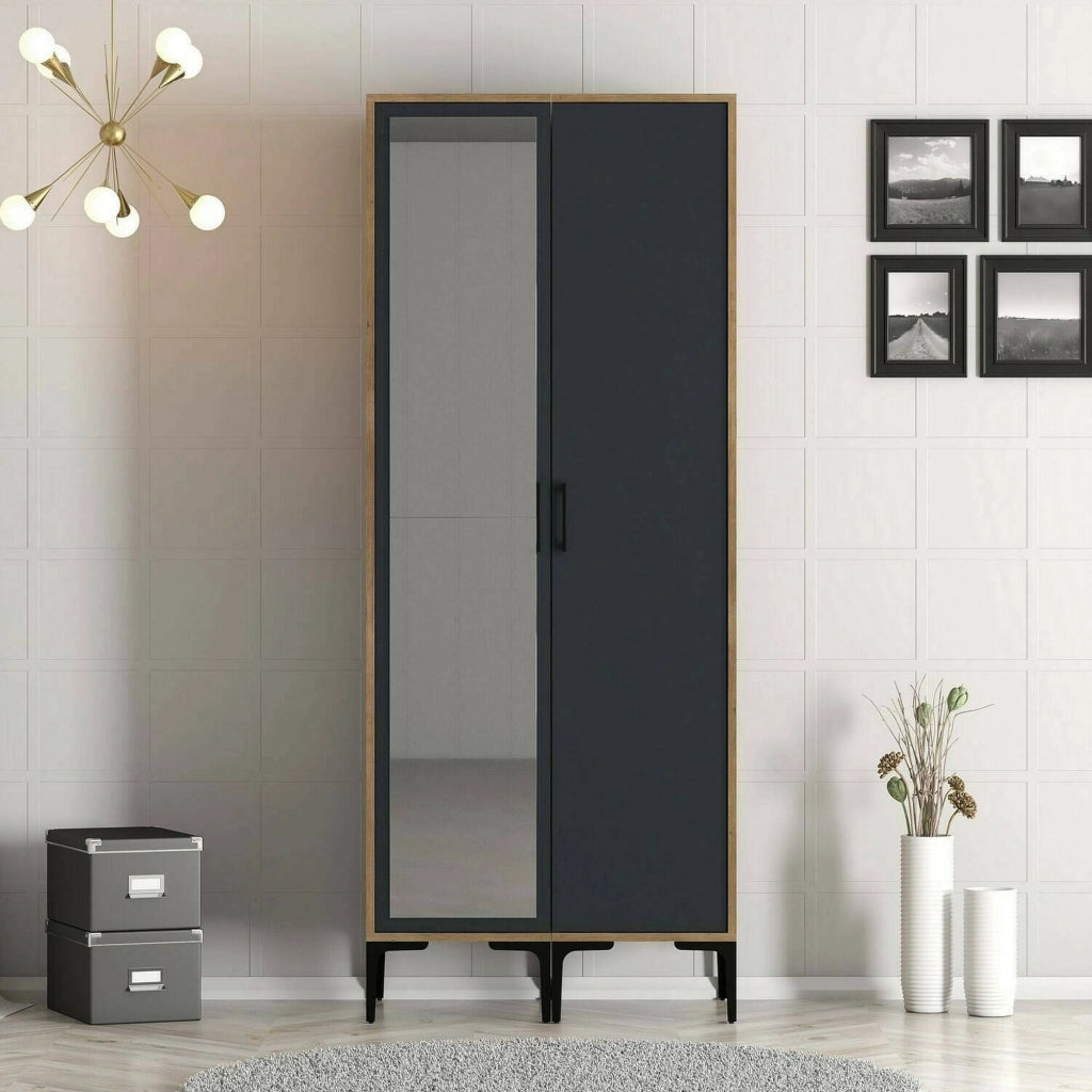 Guardaroba 2 ante Anfo, Mobile camera da letto, Cabina armadio portabiti, Armadio appendiabiti, 80x201h48 cm, Noce e Antracite