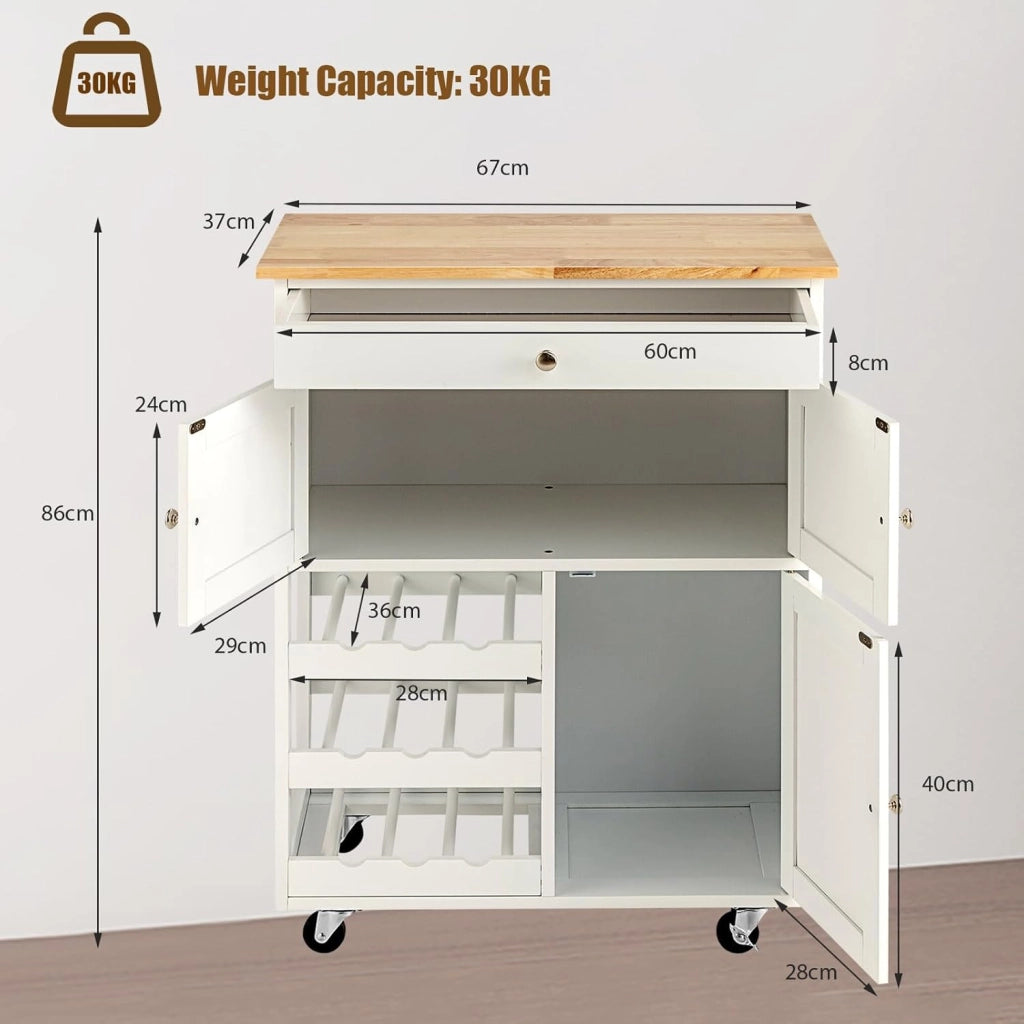 Carrello centrale con ripiani e piano di lavoro in legno di hevea, carrello con ruote e cassetto, 2 armadi, portabottiglie a 3 livelli, carrello con ruote, 67 x 37 x 86 cm (Bianco)
