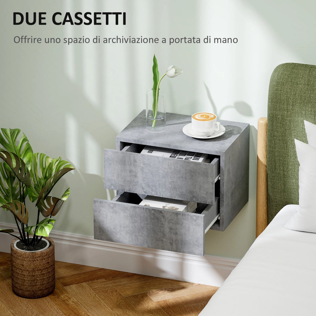 Set di 2 Comodini Sospesi con 2 Cassetti Moderni e Salvaspazio, 40x29x30 cm, Grigio Cemento