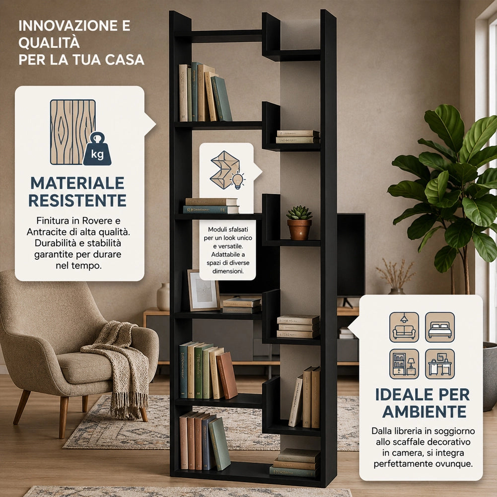 Libreria a 6 Ripiani 60,5x22x162,5 cm Scaffalatura Verticale Moderna Antracite