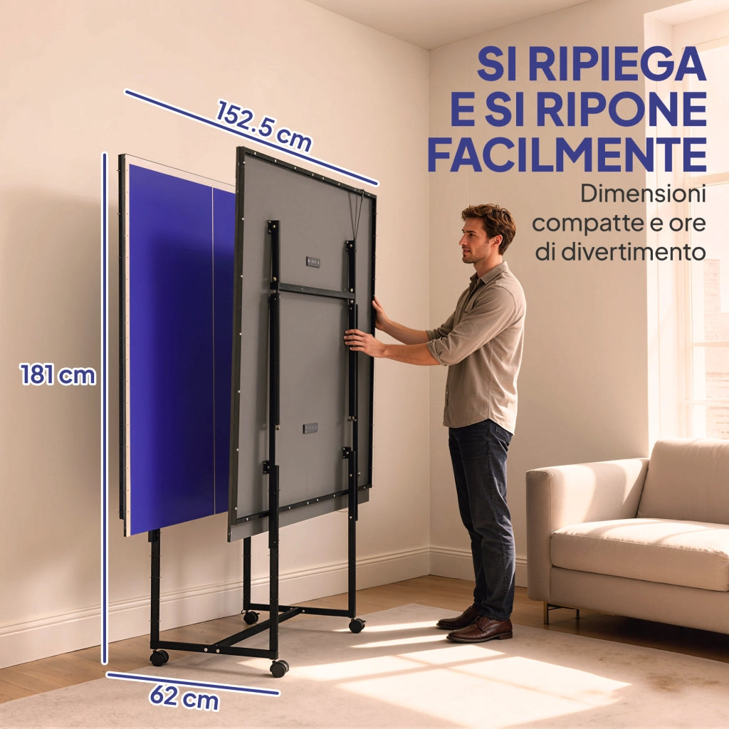 Tavolo da Ping Pong Pieghevole per Interni 274x152,5x75,5 cm con Ruote Girevoli Rete Racchette e Palline Blu
