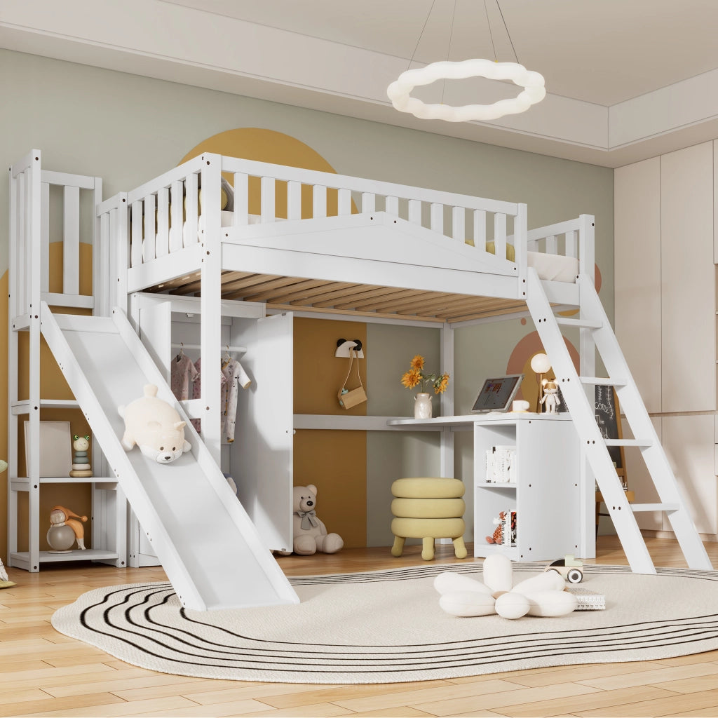 OKWISH Letto a Castello 90×200 cm, Letto Singolo con Scivolo, Scrivania, Armadio, Mensole e Scala, senza Materasso, Bianco