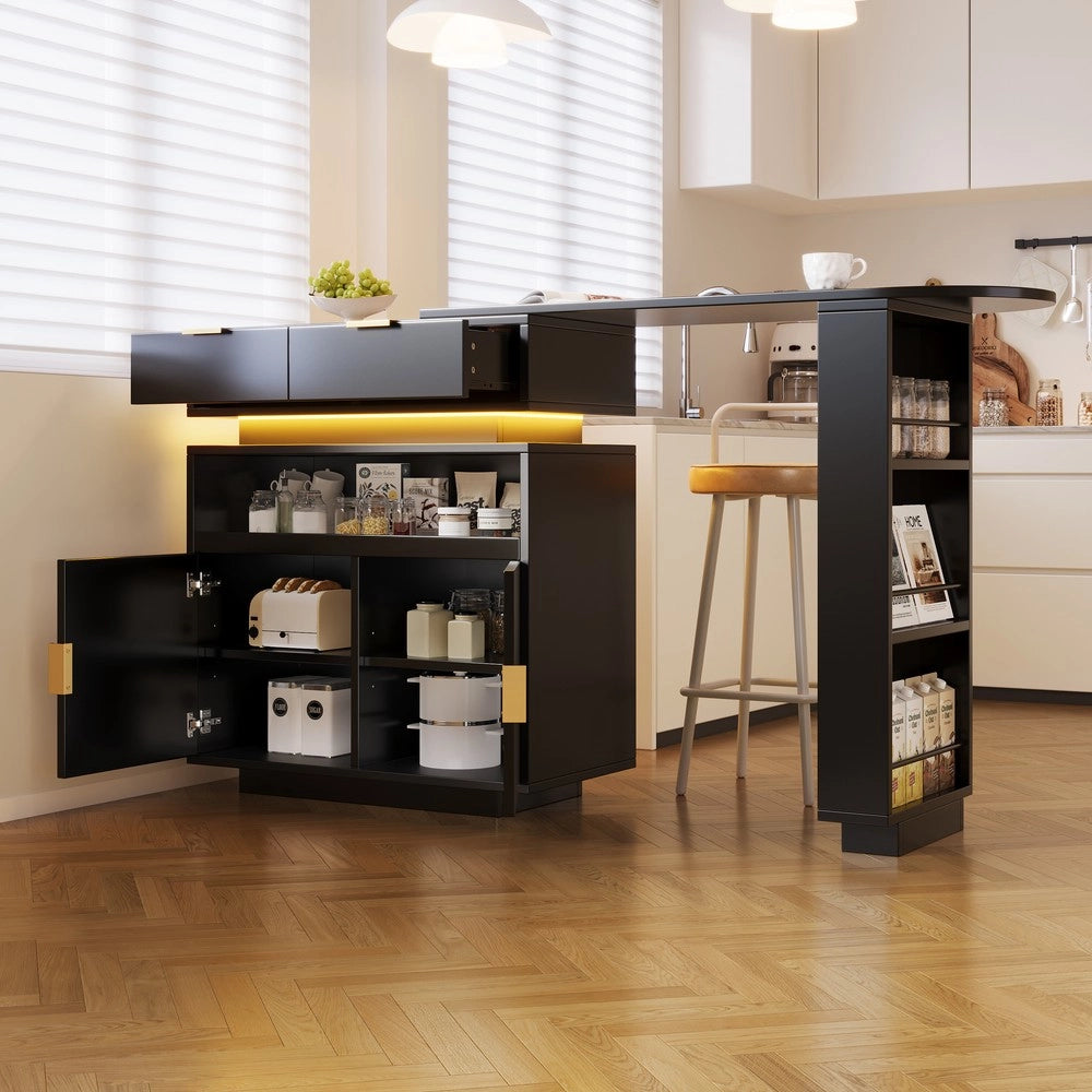 Tavolo Bar Allungabile con Vano Contenitore e LED ¨C Xylo ¨C Nero, 115-183x40x99 cm