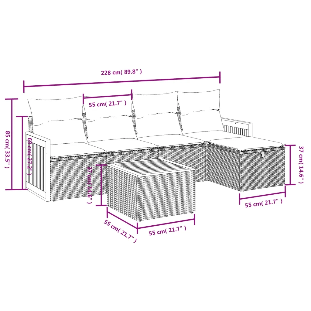 Set Divano da Giardino 6 pz con Cuscini Nero in Polyrattan