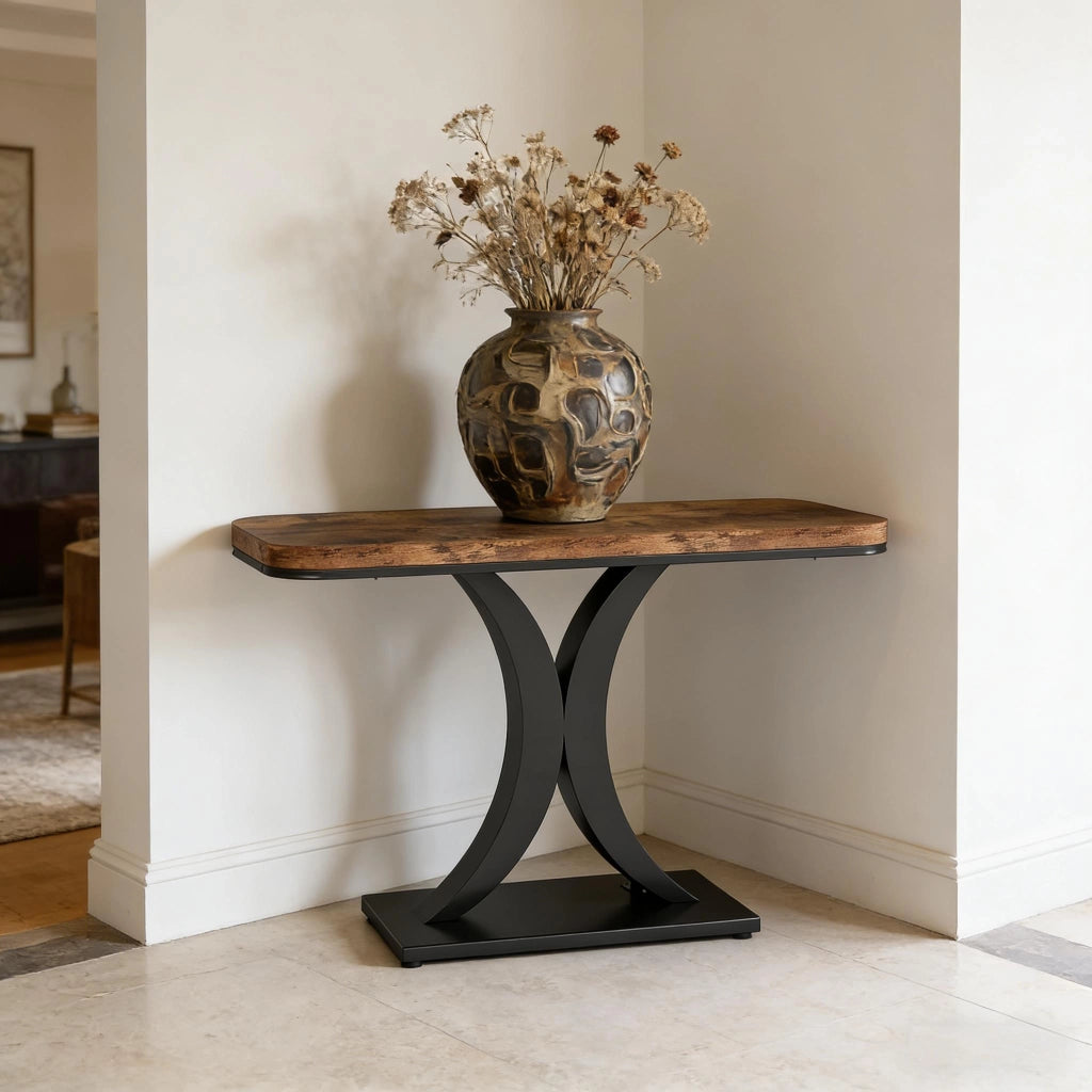 Consolle con piano effetto legno e base in metallo, stile industriale, per ingresso e soggiorno, 100 × 29,5 cm