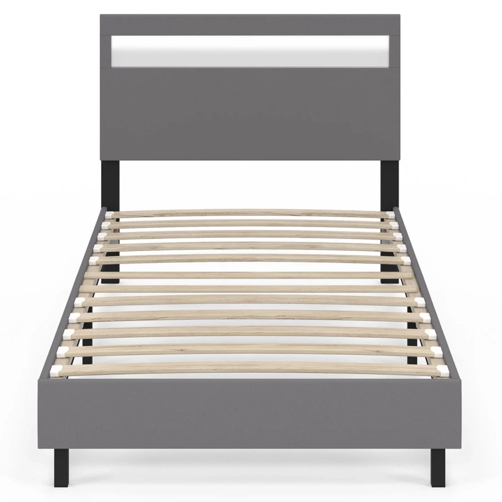 IDMarket - Letto singolo NEO con testata LED integrata e rete 90 x 190 cm PVC grigio