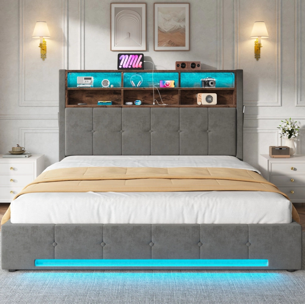 Letto 160x200 cm con contenitore; testiera multifunzione e LED in velluto grigio scuro